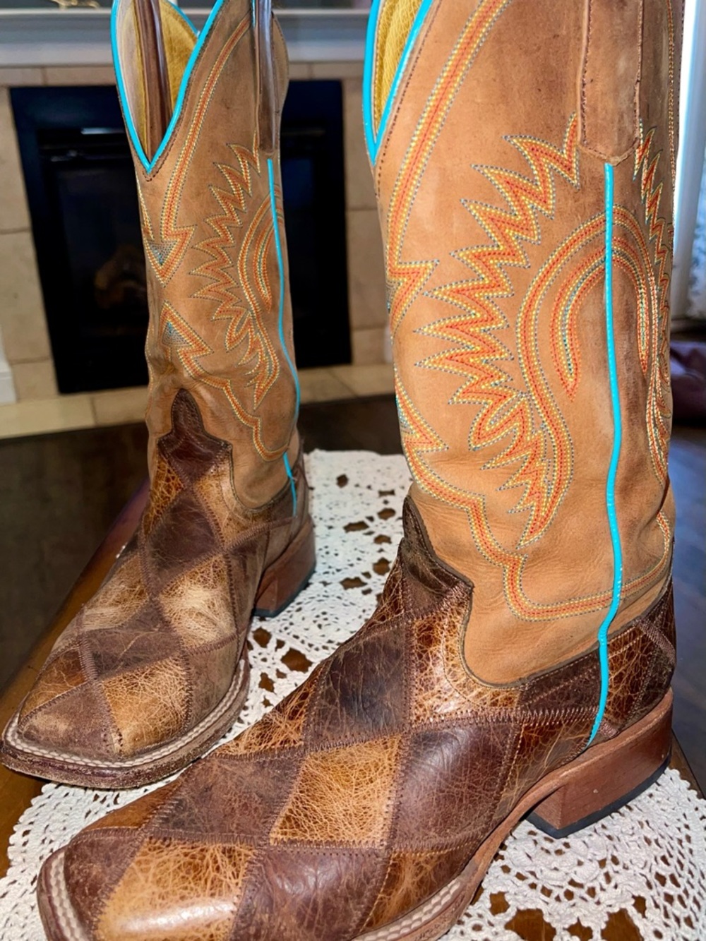 Patchwork Leather Western Cowboy Boots with Turquoise Accents